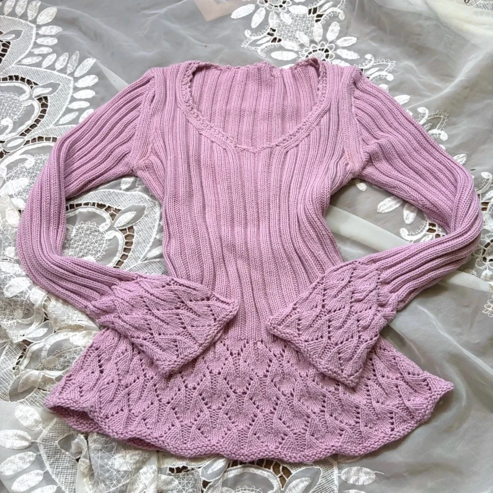 Fairy Lavender Pink Ribbed Knit Pointelle Flare Sleeve Scoop Neck Sweater 0990